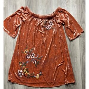 Blu Pepper Rust Orange Crushed Velvet Floral Embroidered Off Shoulder Dress M